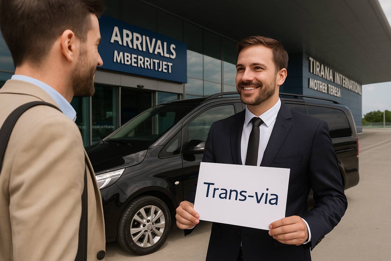 Chauffeur greeting client at Tirana airport with Trans-via sign
